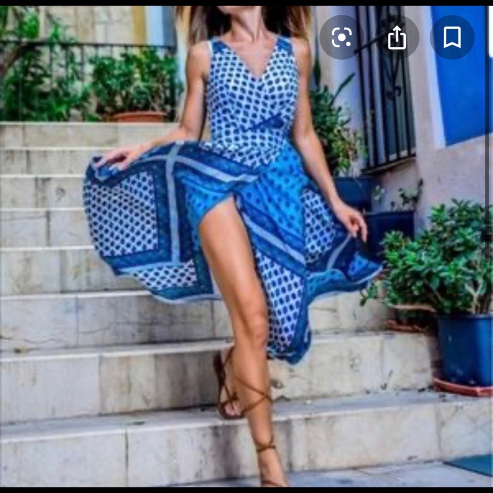 Zara print dress asymmetric hem blue med